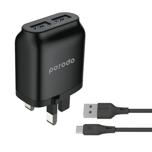 [PD-0203MU2-BK] Porodo Dual USB Wall Charger 2.4A with Improved Version PVC Micro USB Cable 1.2m - Black