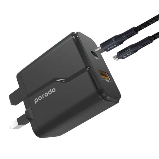 [PD-18PDUKL-BK] Porodo Dual Port Wall Charger PD 20W + QC3.0 UK with Braided Type-C to Lightning PD Cable 1.2m - Black