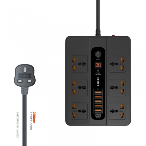 [PD-FWCH003-BK] Porodo 6 AC 5 USB & USB-C PD Multiport Socket - Black