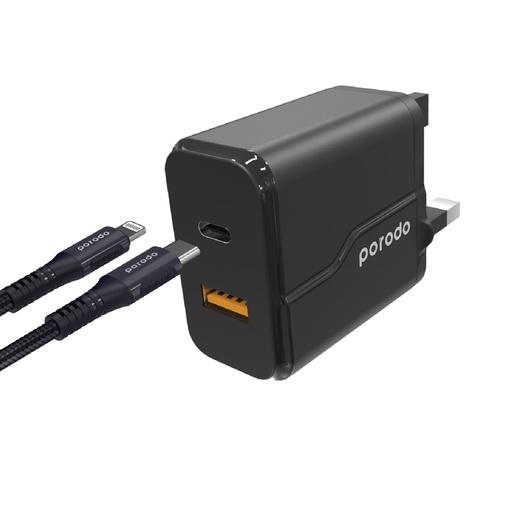 [PD-18PDUK-BK] Porodo Dual Port Wall Charger PD 20W + QC3.0 UK - Black