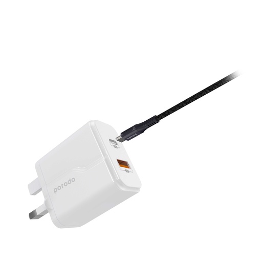 [PD-18PDUK-WH] Porodo Dual Port Wall Charger PD 18W + QC3.0 UK with Braided Type-C to Lightning PD Cable 1.2m - White