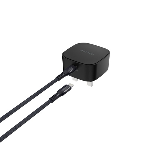 Porodo Super-Compact Fast Wall Charger PD 20W UK with Braided Type-C to Lightning Cable 1.2m