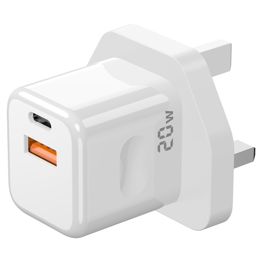 [PB-20WDWC-WH] Porodo Blue Wall Charger 1*PD Type-C and 1* QC Type-A UK PD 20W - White