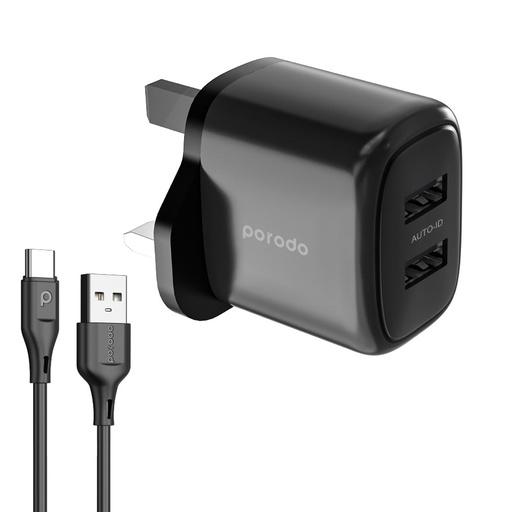 [PD-12WDAUKC-BK] Porodo Dual Output Charger With USB - A USB - C Cable
