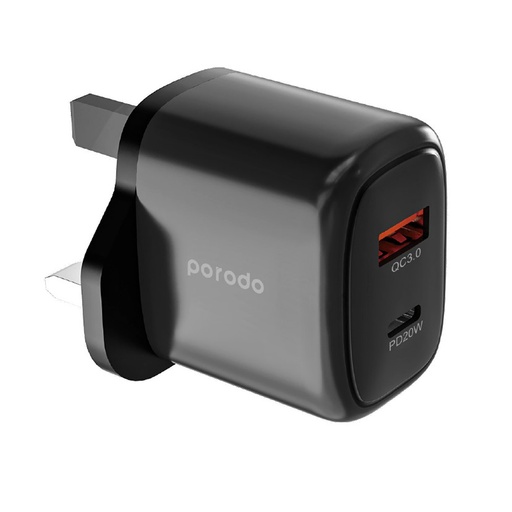 [PD-20WACUK-BK] Porodo 20W+QC USB A+C Charger UK - Black