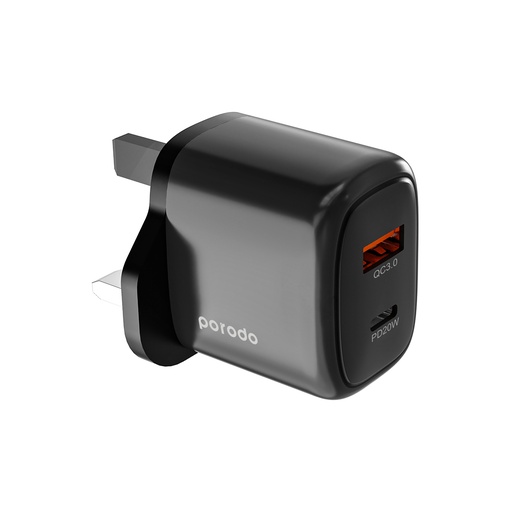 [PD-20WACCL-BK] Porodo 20W+QC USB A+C Charger UK with C-Lightning 1.2M Cable - Black