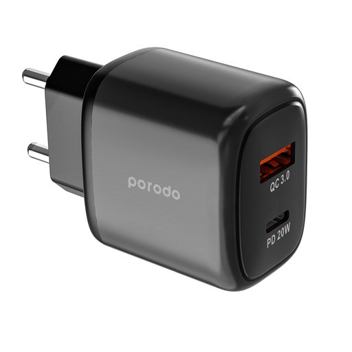 [PD-20WACEU-BK] Porodo Dual Output USB-C PD And USB-A QC Quick Charger EU