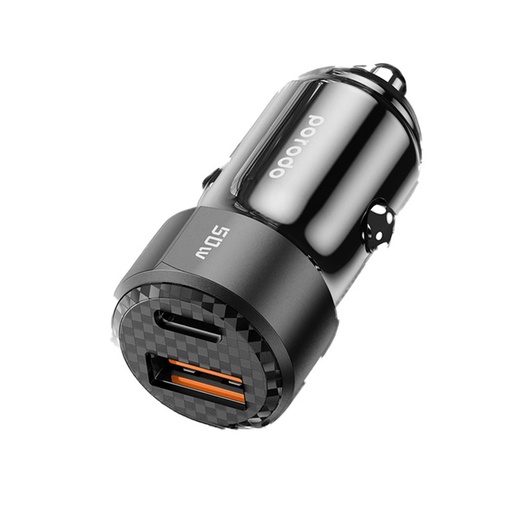 [PD-CC50WL-BK] Porodo 50W Dual Port Car Charger PD 20W QC 30W with C to L Cable - Black