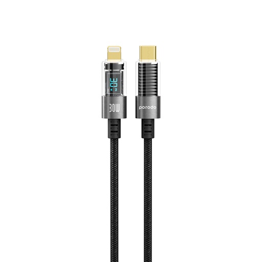 [PD-30LCD-BK] Porodo Braided Transparent USB-C To Lightning Cable With Power Display