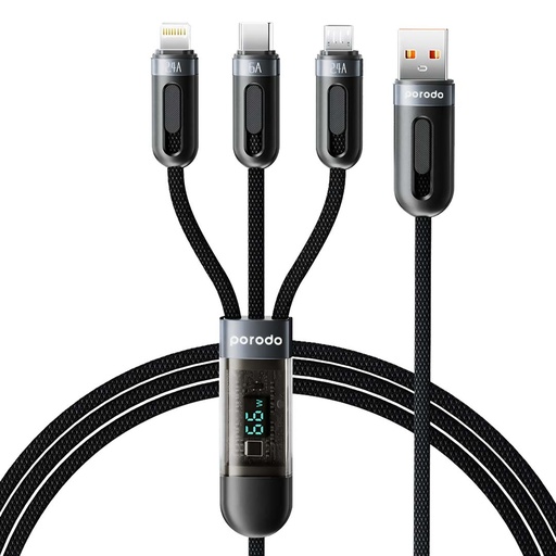 [PD-3N1A2CLM-BK] Porodo 3-IN-1 Digital-Display Fast Charging 1.2M Cable A to C+L+M - BLACK