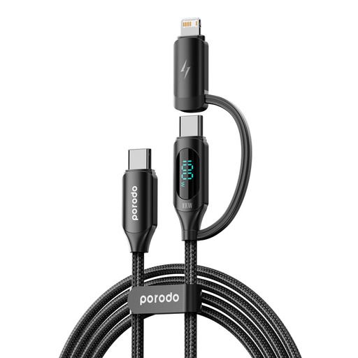 [PD-2N1C2CL-BK] Porodo 2-IN-1 Digital-Display Fast Charging 1.2M Cable C to C+L - Black