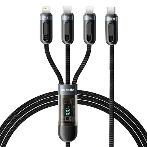 [PD-3N1C2CLM-BK] Porodo 3-IN-1 Digital-Display Fast Charging 1.2M Cable C to C+L+M - BLACK