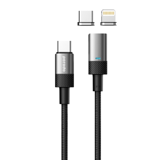 [PD-100WC2CL-BK] Porodo Braided 100W PD C to C+L Fast Charging cable with Magnetic Head 1.2M