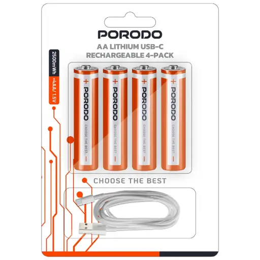 [PDAA25RB] بطاريات بورودو AA ليثيوم قابلة لإعادة الشحن USB-C 4 حبات - أبيض/برتقالي
