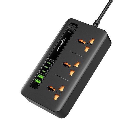 [PB-3ACC2CM-BK] Porodo Blue 3 AC Power Socket With 2XUSB-A, 3XType-C 2M 3000W - Black