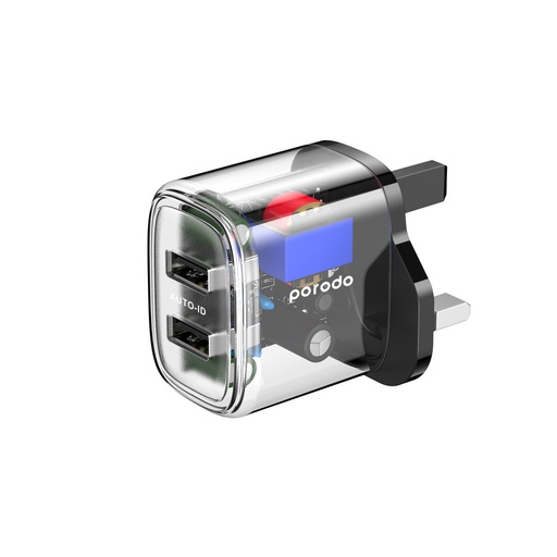 [PD-T12WDAUK-BK] Porodo Dual Output Transparent Charger 2.4A UK - Black