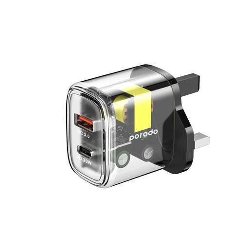 [PD-T20WACUK-BK] Porodo Dual Output Transparent Quick Charger PD 20W + QC 18W UK - Black