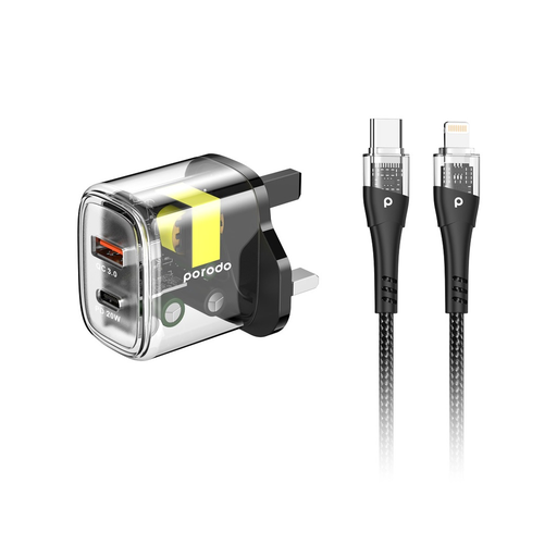 [PD-T20WACCL-BK] Porodo Dual Output Transparent Quick Charger PD 20W + QC 18W UK with USB-C to Lightning Cable 1.2M - Black