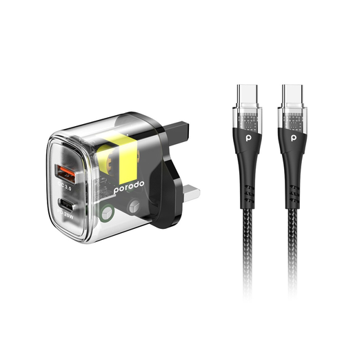 [PD-T20WACCC-BK] Porodo Dual Output Transparent Quick Charger USB-C PD And USB-A QC With USB-C To USB-C Cable 1.2m UK