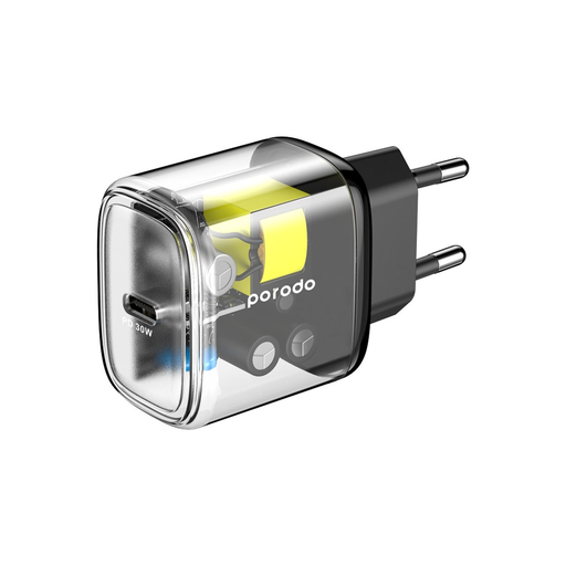 [PD-TC30WSCEU-BK] Porodo Transparent Quick Charger PD 30W EU - Black