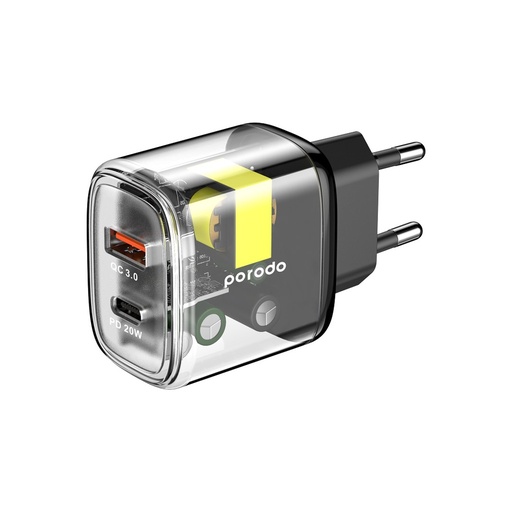[PD-T20WACEU-BK] Porodo Dual Output Transparent Quick Charger PD 20W + QC 18W EU - Black
