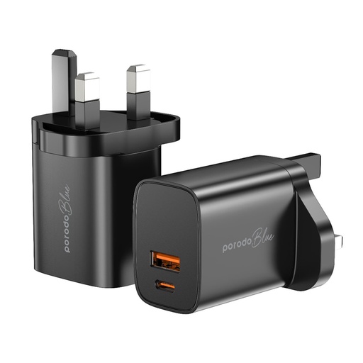 [PB-C20WUK-BK] Porodo Blue Dual Port Wall Charger USB-A Quick Charge 3.0