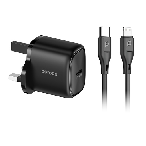 [PD-C20WSCL-BK] Porodo 20W Single USB C Charger UK With Type C to L Cable 1.2M - Black	