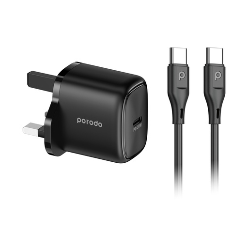 [PD-C20WSCC-BK] Porodo 20W Single USB C Charger UK With Type C to C Cable 1.2M - Black	
