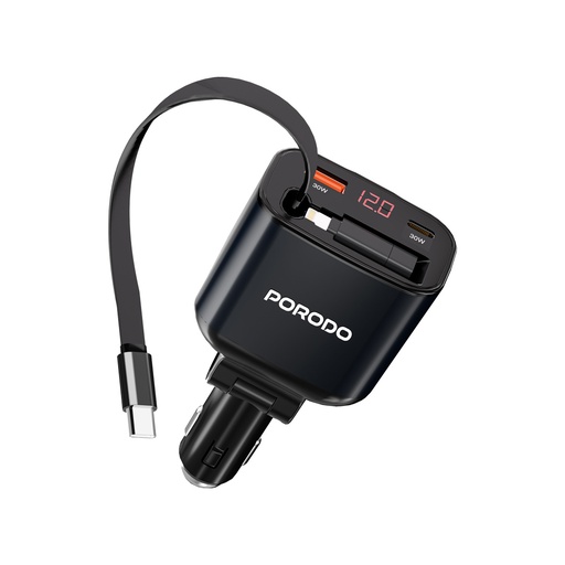 [PD-CRD105W-BK] Porodo 105W Car Charger With Retractable Cable and Digital Display - Black