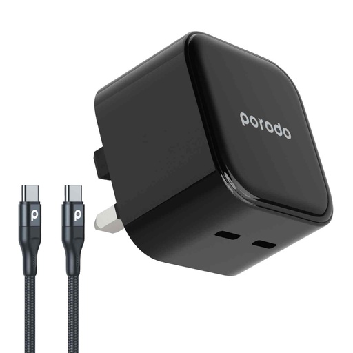 [PD-FWCH012-C-BK] Porodo Super-Fast Dual USB-C Wall Charger 35W UK with Braided Type-C to Type-C Cable 1.2m - Black