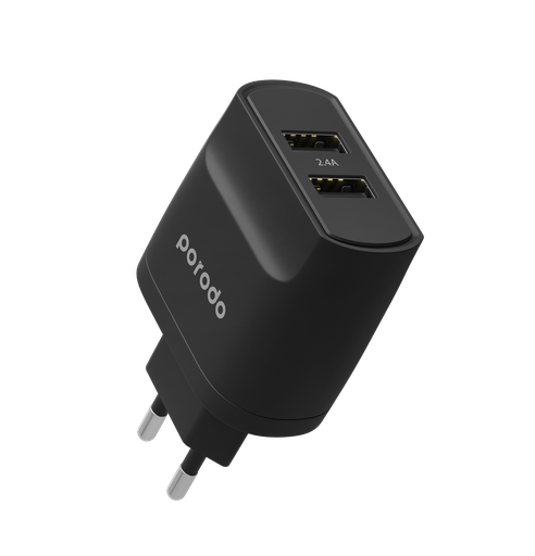 [GNAKBA] Porodo Blue Dual Port EU 2-Pin Wall Charger – Black