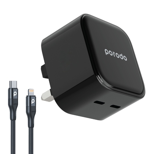 [PD-FWCH012-L-BK] Porodo Super-Fast Dual USB-C Wall Charger PD 35W UK with Braided Type-C to Lightning Cable 1.2m - Black