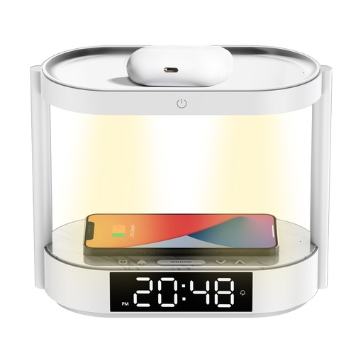 [PD-BLWCDC-WH] Porodo Bedside Lamp with Wireless Charger and Digital Clock - White
