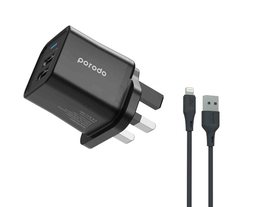[PD-FWCH011-L] Porodo Dual USB Wall Charger 2.4A UK with PVC Lightning Cable 1.2m