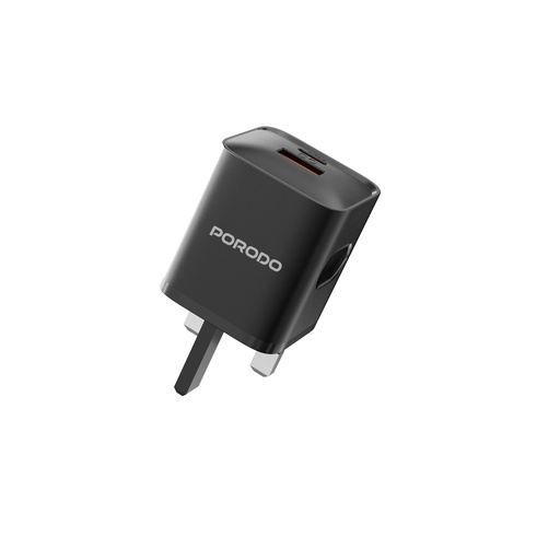 [PD-FWCH022-L-BK] Porodo Dual Port Wall Charger UK with USB-C to Lightning cable - Black