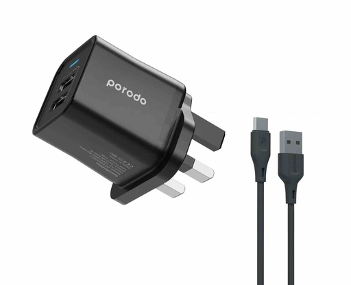 [PD-FWCH011-C-BK] Porodo Dual Port Wall Charger with 1.2m Type-C Cable