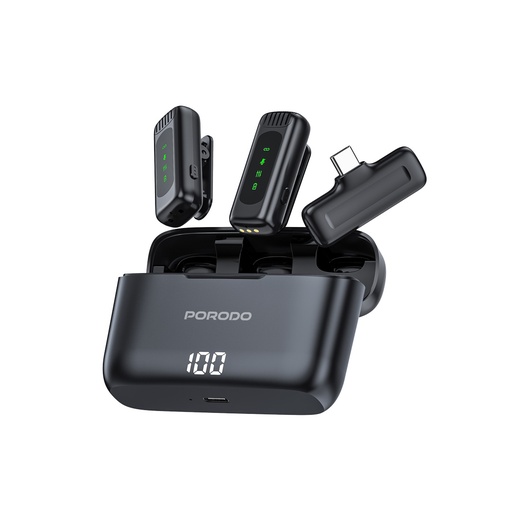 [PD-LDMCLA-BK] Porodo Lavalier Double Microphone with Charging Case - Black