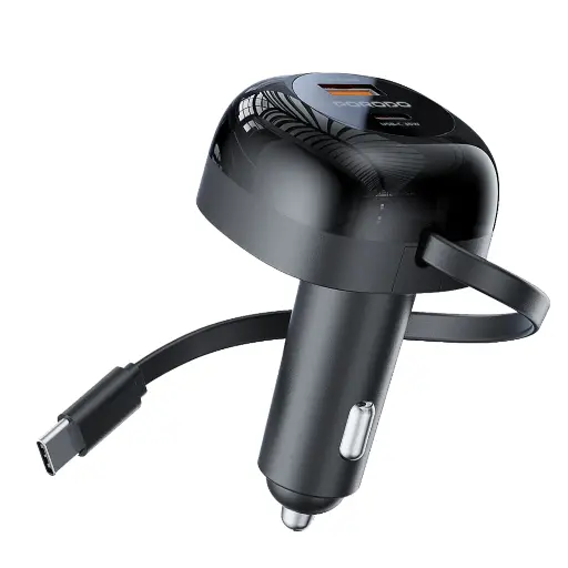 [PD-FWCH030-BK] Porodo Dual Port Car Charger 80cm Retractable Type-C Cable - Black