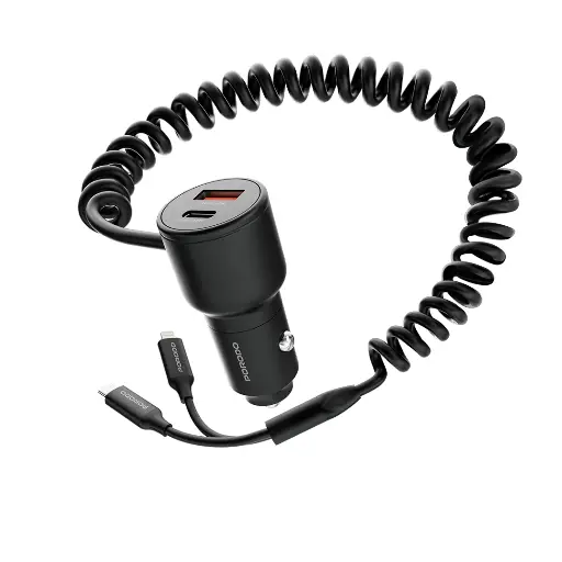 [PD-FWCH034-BK] Porodo Dual Port Car Charger Integrated C+L Cables - Black