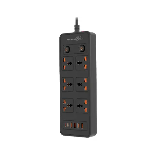 [PB-FWCH033-BK] Porodo Blue 6 AC - Dual Switch Power Strip - Black