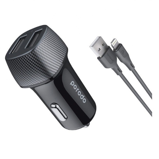 [PD-34CCV2L-BK] Porodo Dual Port Car Charger 3.4A with Lightning Cable 0.9M - Black	