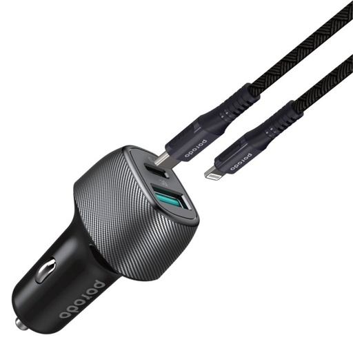 [PD-DC26-BK] Porodo Dual Port Car Charger with Braided Type-C to Lightning Cable