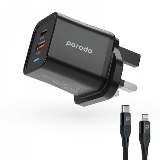 [PD-FWCH010-L-BK] Porodo Dual Port PD + USB-A ( 35W+18W) Charger With Type-C To Lightning