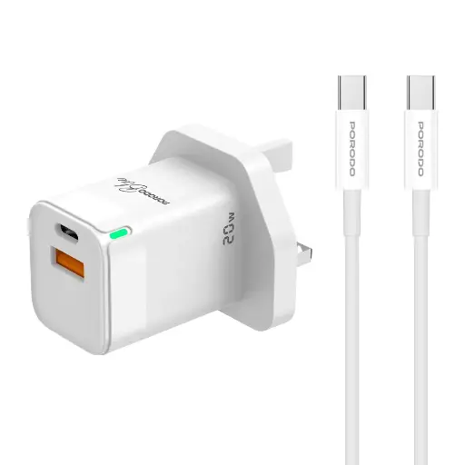 [PB-FWCH036-WH-C] Porodo Blue Ultra-Quick Charger USB-A to USB-C (1m Type-C Cable Included) - White 