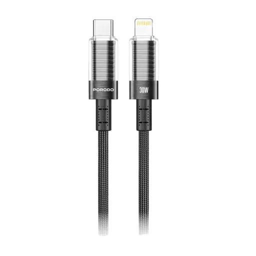[PD-CBL0026-BK-L] Porodo Transparent Shell USB-C To Lightning Cable - Black