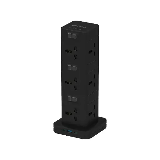 [PD-FWCH042-BK] Porodo Three-Story 12AC Power Hub With USB-C PD & Quick Charge 3.0 - Black