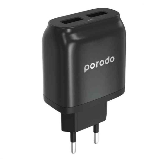 [PD-0203EU-BK] Porodo Dual USB-A Wall Charger 2.4A EU Fast Charging with Over-heat Protection