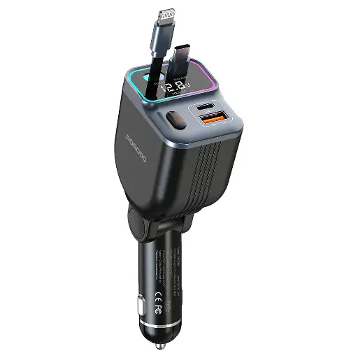 [PDFWCH068BK] Porodo 65W Car Charger Dual Retractable Cable - Black
