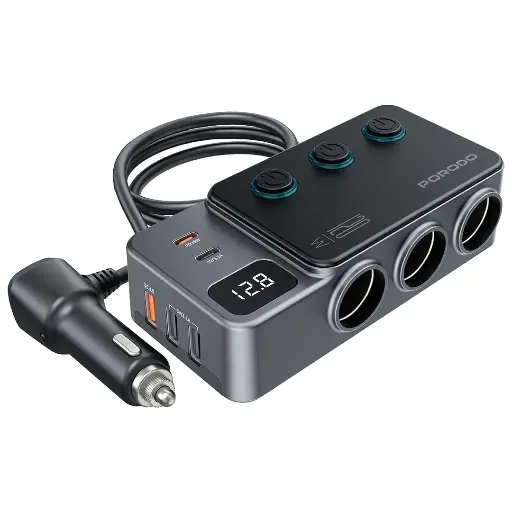 [PDFWCH070DG] Porodo 120W Car Charger Hub Triple-Port Lighter Socket - Dark Gray