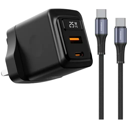 Porodo GaN 25W Dual USB-C Wall Charger With Type-C to Type-C/Lightning Cable - Black